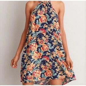 American eagle Floral Summer Halter Dress Navy Blue Orange Roses Braided Straps